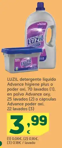 HiperDino LUZIL detergente líquido Advance higiene plus o poder oxi en polvo Advance oxy o cápsulas Advance poder oxi oferta