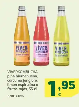 HiperDino VIVERKOMBUCHA piña hierbabuena, cúrcuma jengibre, limón espirulina o frutos rojos oferta
