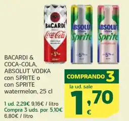 HiperDino BACARDI & COCA-COLA, ABSOLUT VODKA con SPRITE o con SPRITE watermelon oferta