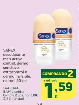 HiperDino SANEX desodorante men active control, dermo sensitive, extracontrol o dermo invisible, roll-on oferta