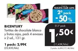 Supermercados Lupa Bicentury - tortitas de chocolate blanco y frutos rojos, pack 4 envases x 2 ud., 131 gr oferta
