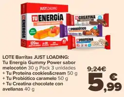 Carrefour JUST LOADING Tu Energía Gummy Power sabor melocotón + Tu Proteína cookies&cream + Tu Probiótico caramelo oferta