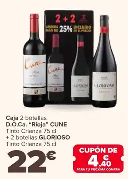 Carrefour Caja 2 botellas d.o.ca. "rioja" cune tinto crianza + 2 botellas glorioso oferta