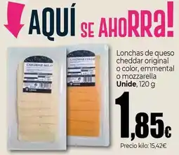 Unide Supermercados Unide - lonchas de queso cheddar original o color, emmental o mozzarella oferta