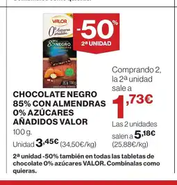 Supercor VALOR Chocolate negro 85% con almendras 0% azúcares añadidos oferta