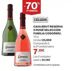 Hipercor CODORNIU Cava brut reserva o rosé selección familia oferta