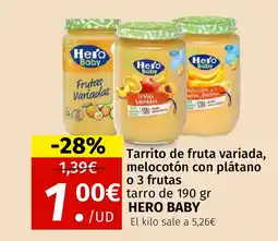 Maskom Supermercados HERO BABY Tarrito de fruta variada, melocotón con plátano o 3 frutas oferta