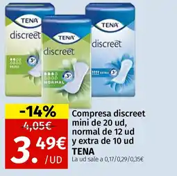 Maskom Supermercados TENA Compresa discreet mini de 20 ud, normal de 12 ud y extra de 10 ud oferta