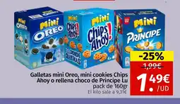 Maskom Supermercados Galletas mini Oreo, mini cookies Chips Ahoy o rellena choco de Principe Lu oferta