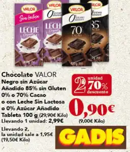 Gadis VALOR Chocolate Negro sin Azúcar Añadido 85% sin Gluten 0% 70% Cacao o con Leche Sin Lactosao 0% Azúcar Añadido Tableta oferta