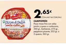 Supermercados Lupa CAMPOFRÍO Pizza masa fina con salsa jamón y queso o carbonara barbacoa pepperoni picante oferta