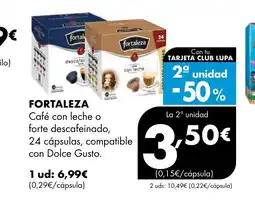 Supermercados Lupa FORTALEZA Café con leche o forte descafeinado, 24 cápsulas, compatible con Dolce Gusto oferta