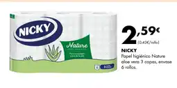 Supermercados Lupa NICKY Papel higiénico Nature aloe vera 3 capas, envase 6 rollos oferta