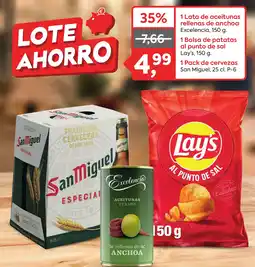 Suma Supermercados 1 Lata de aceitunas rellenas de anchoa Excelencia 1 bolsa de patatas al punro de sal 1 pack de cervezas oferta