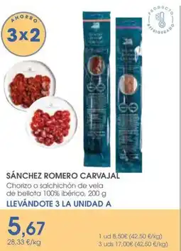 Supermercados Plaza SÁNCHEZ ROMERO CARVAJAL Chorizo o salchichón de vela de bellota 100% ibérico oferta