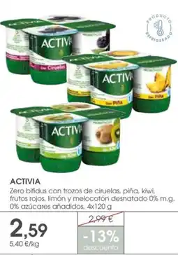 Supermercados Plaza ACTIVIA Zero bifidus con trozos de ciruelas piña, kiwi frutos rojos limón y melocotón desnatado 0% m.g. 0% azúcares añadidos oferta