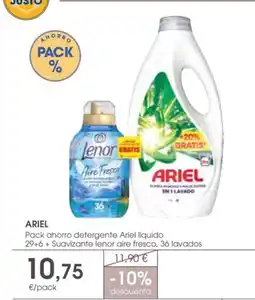 Supermercados Plaza ARIEL Pack ahorro detergente Ariel liquido 29+6+ Suavizante lenor aire fresco, 36 lavados oferta