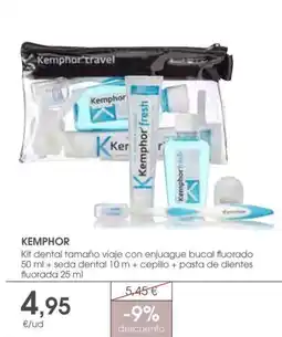 Supermercados Plaza KEMPHOR Kit dental tamaño viaje con enjuague bucal fluorado + seda dental 10 m + cepillo + pasta de dientes fluorada oferta