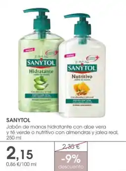 Supermercados Plaza SANYTOL Jabón de manos hidratante con aloe vera y té verde o nutritivo con almendras y jalea real oferta