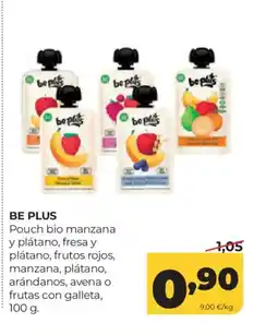 Alimerka BE PLUS Pouch bio manzana y plátano, fresa y plátano, frutos rojos, manzana, plátano, arándanos, avena o frutas con galleta oferta