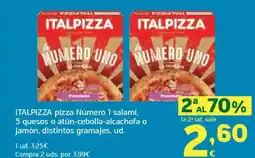 HiperDino ITALPIZZA pizza Número 1 salami, 5 quesos o atún-cebolla-alcachofa o jamón, distintos gramajes oferta