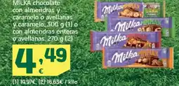 HiperDino MILKA chocolate con almendras y caramelo o avellanas y caramelo, 300 g (1) o con almendras enteras o avellanas oferta