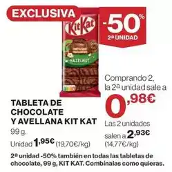 Hipercor Kit kat - tableta de chocolate y avellana oferta