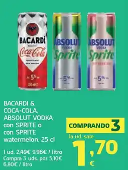 HiperDino BACARDI & COCA-COLA, ABSOLUT VODKA con SPRITE o con SPRITE watermelon oferta