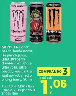 HiperDino MONSTER Rehab peach, lando norris, rio punch juice oferta