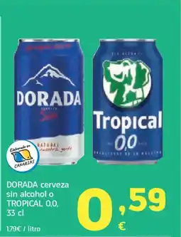 HiperDino DORADA cerveza sin alcohol o TROPICAL 0,0, oferta