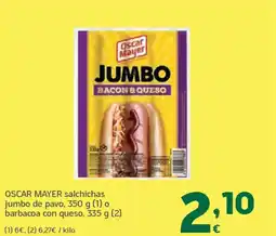 HiperDino OSCAR MAYER salchichas jumbo de pavo o barbacoa con queso oferta