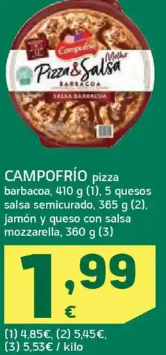 HiperDino CAMPOFRÍO pizza barbacoa 5 quesos salsa semicurado jamón y queso con salsa mozzarella oferta