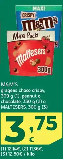 HiperDino M&M'S grageas choco crispy peanut o chocolateo maltesers oferta