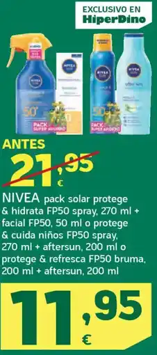 HiperDino NIVEA pack solar protege & hidrata FP50 spray, + facial FP50o protege & cuida niños FP50 spray + aftersu o proteg & refresca oferta