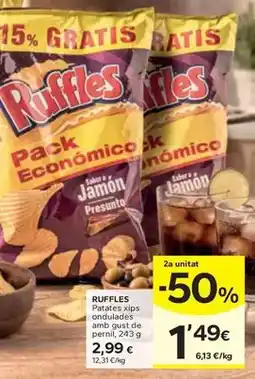 Caprabo Ruffles - patates xips ondulades amb gust de pernil oferta