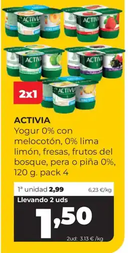 Alimerka ACTIVIA Yogur 0% con melocotón, 0% lima limón, fresas, frutos del bosque, pera o piña 0% oferta