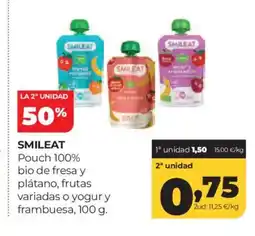 Alimerka SMILEAT Pouch 100% bio de fresa y plátano, frutas variadas o yogury frambuesa oferta