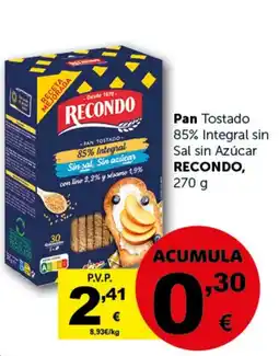 Masymas RECONDO Pan Tostado 85% Integral sin Sal sin Azúcar oferta