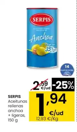 Eroski SERPIS Aceitunas rellenas anchoa + ligeras oferta