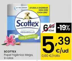 Eroski SCOTTEX Papel higiénico Mega, 9 rollos oferta