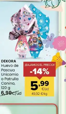 Autoservicios Familia DEKORA Huevo de Pascua Unicornio o Patrulla Canina oferta