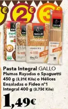 Gadis Gallo - pasta integral plumas rayadas o spaguetti oferta