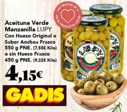 Gadis LUPY Aceituna Verde Manzanilla Con Hueso Original o Sabor Anchoa Frasco oferta