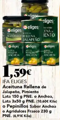 Gadis IFA ELIGES Aceituna Rellena de Jalapeño, Pimiento o Anchoa o Pepinillos Sabor Anchoa o Agridulces Frasco oferta