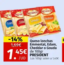 Maskom Supermercados PRESIDENT Queso lonchas Emmental, Edam, Cheddar o Gouda oferta