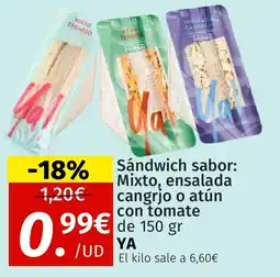 Maskom Supermercados YA Sándwich sabor: Mixto, ensalada cangrjo o atún con tomate oferta