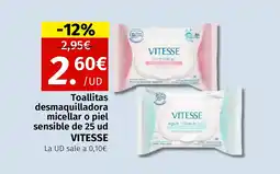 Maskom Supermercados VITESSE Toallitas desmaquilladora micellar o piel sensible de 25 ud oferta