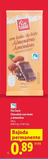Lidl FIN CARRÉ Chocolate con leche y almendras oferta