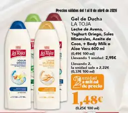 Gadis LA TOJA Gel de Ducha Leche de Avena, Yoghurt Griego, Sales Minerales, Aceite de Coco, + Body Milk o Aloe Vera oferta