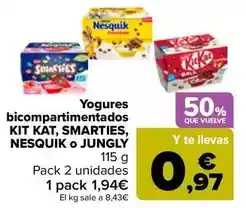 Carrefour Nestlé - yogures bicompartimentados kit kat, smarties, nesquik o jungly oferta